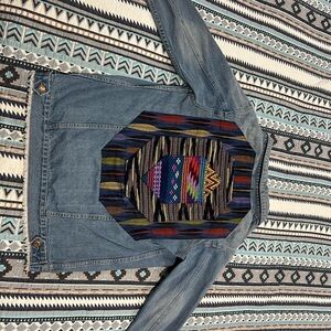 Men's Blue Denim Jacket with Multicolor Pattern